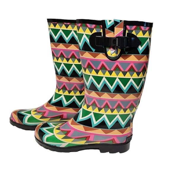 Corkys Shoes Women's Sunshine Multi Color Chevron Print Rain Boots Size 10 - Picture 1 of 12